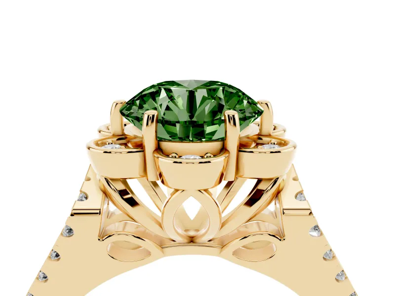Round Floral Halo Engagement Ring Setting for a Fancy Green Lab-Grown Diamond | Pavé Split Shank | Yellow Gold