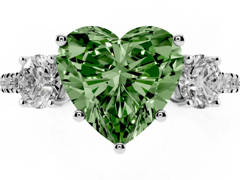 Fancy Green Heart Cut Diamond Three-Stone Ring Set in Silver with Pavé Band and Graduated Sides