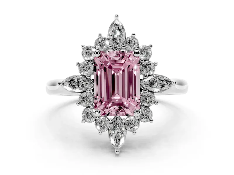 Fancy Pink Emerald Cut Diamond Cluster Halo Ring Set in Platinum with Marquise and Round Accents