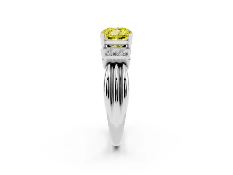 Fancy Yellow Three-Stone Cushion Cut Diamond Channel Set Ring Set in White gold with Bar Prongs