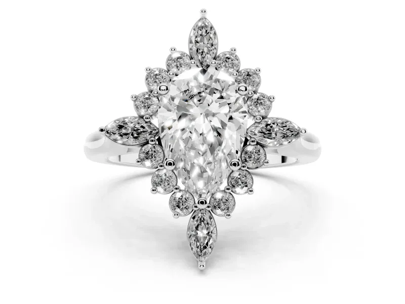 Pear Cut Diamond Cluster Halo Ring Set in White gold with Marquise and Round Accents