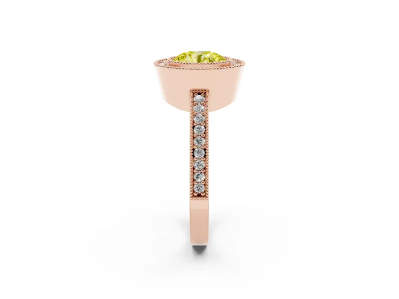 Fancy Yellow Round Cut Diamond Halo Engagement Ring Set in Rose gold with Pavé Band and Round Halo Stones