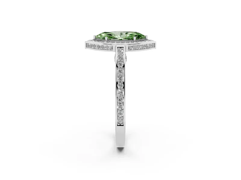 Fancy Green Marquise Cut Diamond Halo Pavé Split Shank Ring Set in Silver with Prong Setting