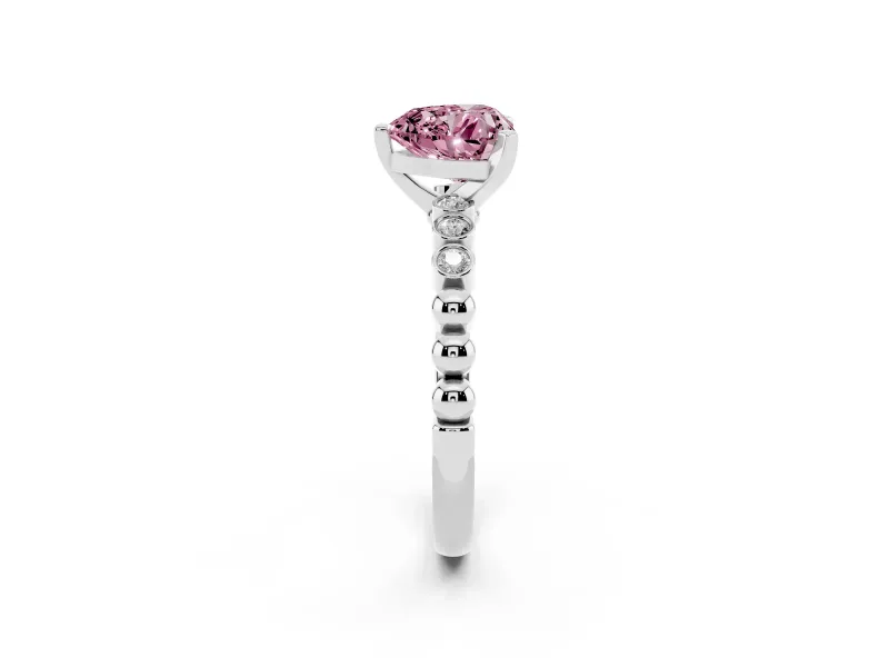 Fancy Pink Heart Cut Diamond Solitaire Engagement Ring Set in Silver with Bezel Accents on Beaded Band