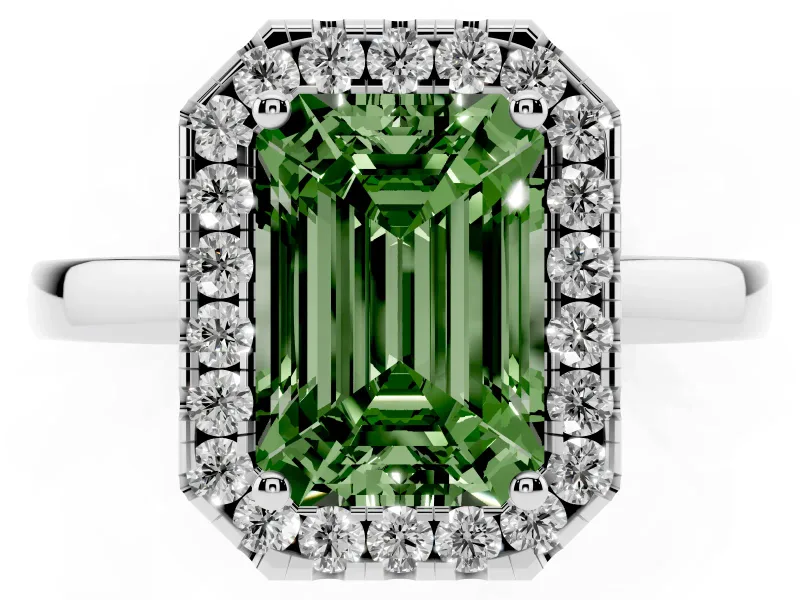 Fancy Green Emerald Cut Diamond Halo Solitaire Ring Set in Silver with Pavé Band and Prong Setting