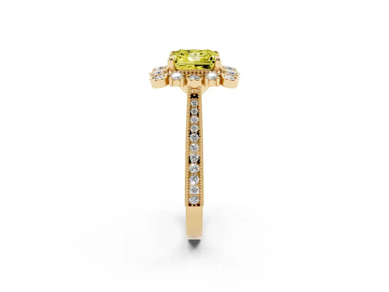 Princess Cut Scalloped Halo Engagement Ring Setting for a Fancy Yellow Lab-Grown Diamond | Milgrain Edges | Yellow Gold