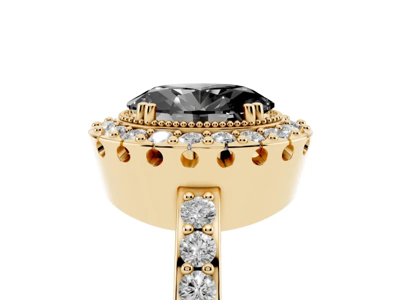 Fancy Black Oval Cut Diamond Halo Ring Set in Yellow gold with Pavé Shank and Prong Setting