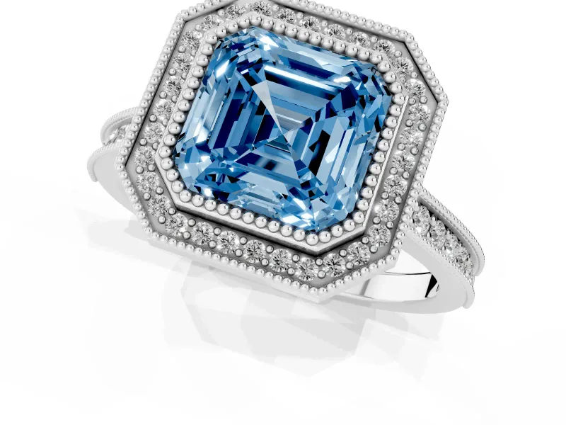 Asscher Cut Vintage Milgrain Halo Engagement Ring Setting for a Fancy Blue Lab-Grown Diamond | Bezel Head | White Gold