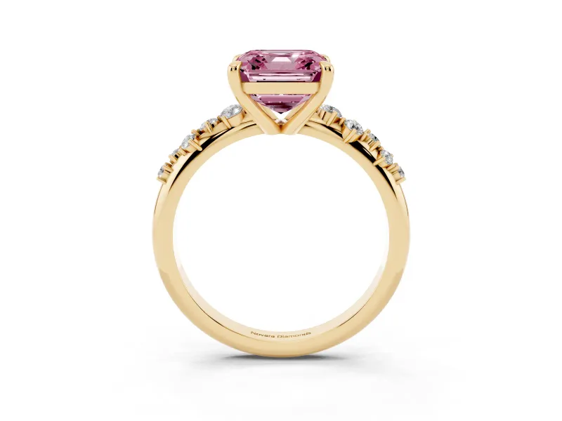 Fancy Pink Asscher Cut Diamond Solitaire Vine Band Ring Set in Yellow gold with Round Accents and Prong Setting