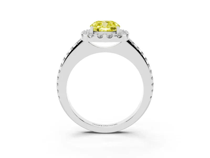 Cushion Cut Pave Halo Engagement Ring Setting for a Fancy Yellow Lab-Grown Diamond | Pave Band | White Gold
