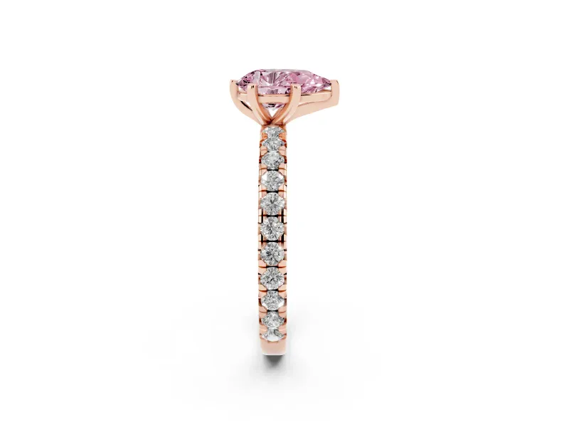 Fancy Pink Pear Cut Diamond Pavé Solitaire Ring Set in Rose gold with Round Band and Prong Setting