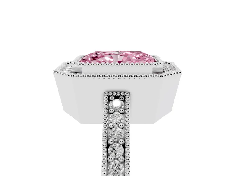 Fancy Pink Radiant Cut Diamond Halo Engagement Ring Set in Silver with Pavé Band and Round Halo Stones