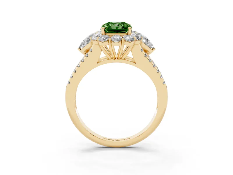 Radiant Cut Scalloped Halo Engagement Ring Setting for a Fancy Green Lab-Grown Diamond | Pear Side Stones | Yellow Gold