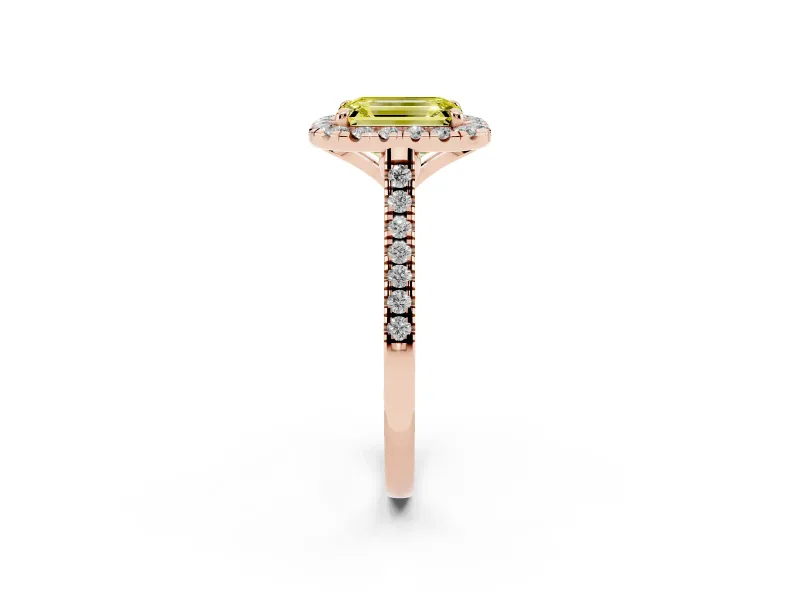 Emerald Cut Halo Engagement Ring Setting for a Fancy Yellow Lab-Grown Diamond | Tapered Band | Rose Gold