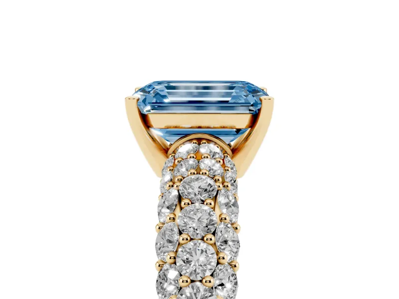 Emerald Cut Multi Row Pave Engagement Ring Setting for a Fancy Blue Lab-Grown Diamond | Yellow Gold