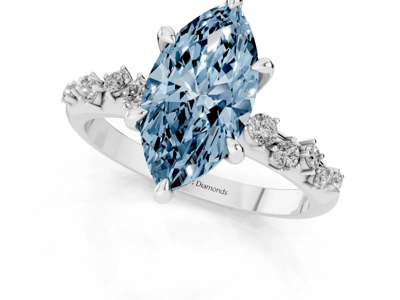 Fancy Blue Marquise Cut Diamond Solitaire Vine Band Ring Set in White gold with Round Accents and Prong Setting