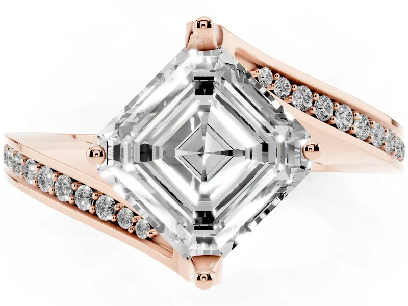 Asscher Cut Bypass Pavé Solitaire Engagement Ring Setting | Angled Head | Rose Gold