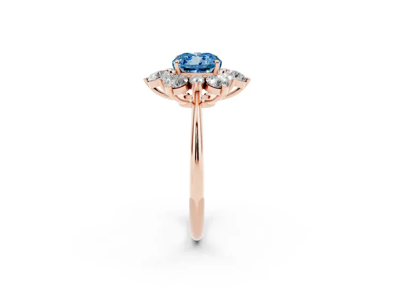 Cushion Cut Cluster Halo Engagement Ring Setting for a Fancy Blue Lab-Grown Diamond | Rose Gold