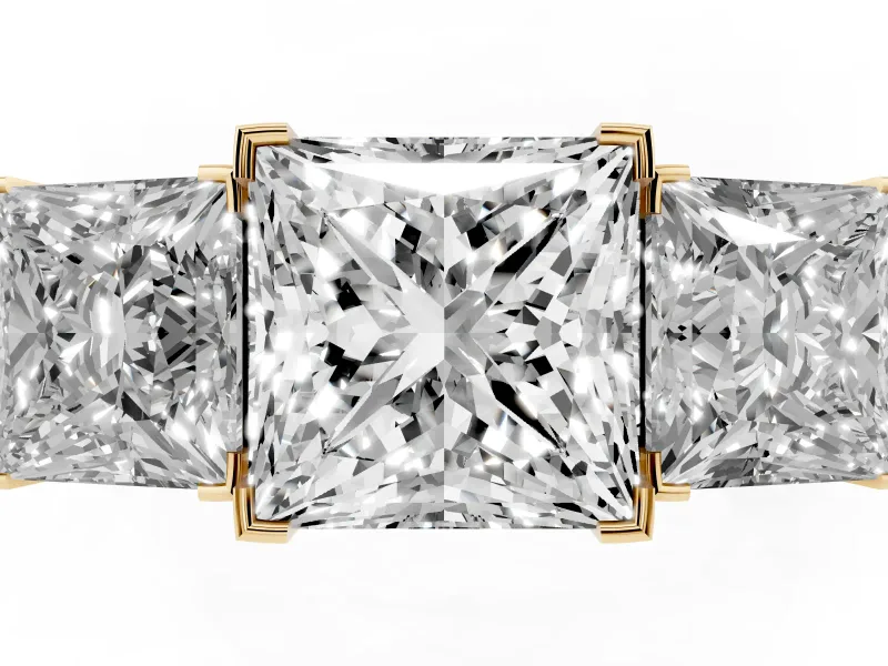 Princess Cut Three Stone Engagement Ring Setting | Large Side Stones | Yellow Gold