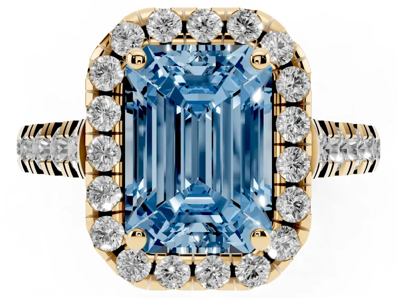 Emerald Cut Accented Halo Engagement Ring Setting for a Fancy Blue Lab-Grown Diamond | Yellow Gold