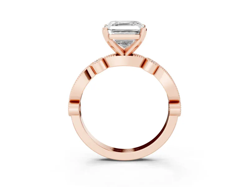 Asscher Cut Diamond Solitaire Engagement Ring Set in Rose gold with Milgrain Bezel Accent Band