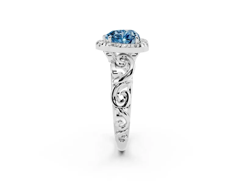 Fancy Blue Heart Cut Diamond Halo Ring Set in Platinum with Scrollwork Band and Prong Setting