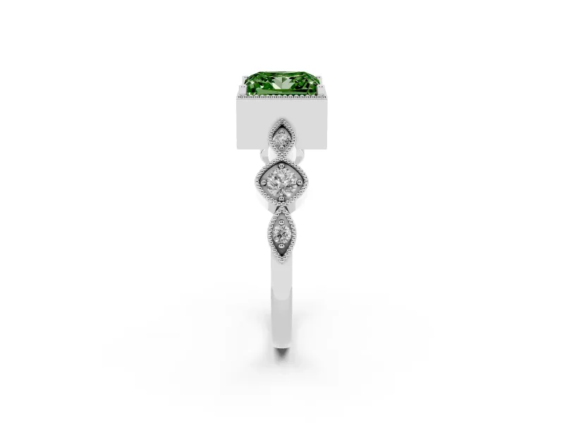 Fancy Green Princess Cut Diamond Vintage-Inspired Milgrain Ring Set in White gold with Marquise Stations of Round Accents
