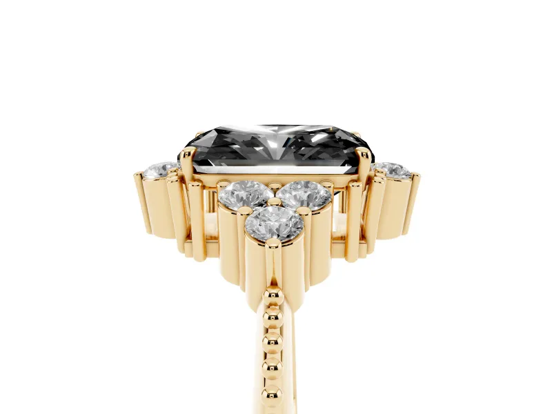 Radiant Cut Vintage Cluster Engagement Ring Setting for a Black Center | Beaded Edges | Yellow Gold