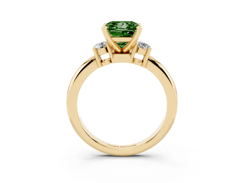 Fancy Green Three-Stone Princess Cut Diamond Ring Set in Yellow gold with Prong Setting and Plain Band