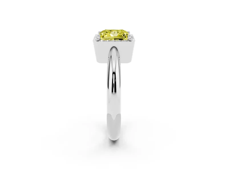 Fancy Yellow Princess Cut Diamond Halo Engagement Ring Set in White gold with Plain Split Shank and Prong Setting