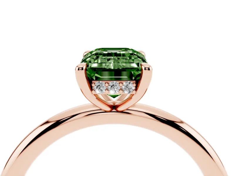 Fancy Green Emerald Cut Diamond Solitaire Ring Set in Rose gold with Thin Band and Prong Setting