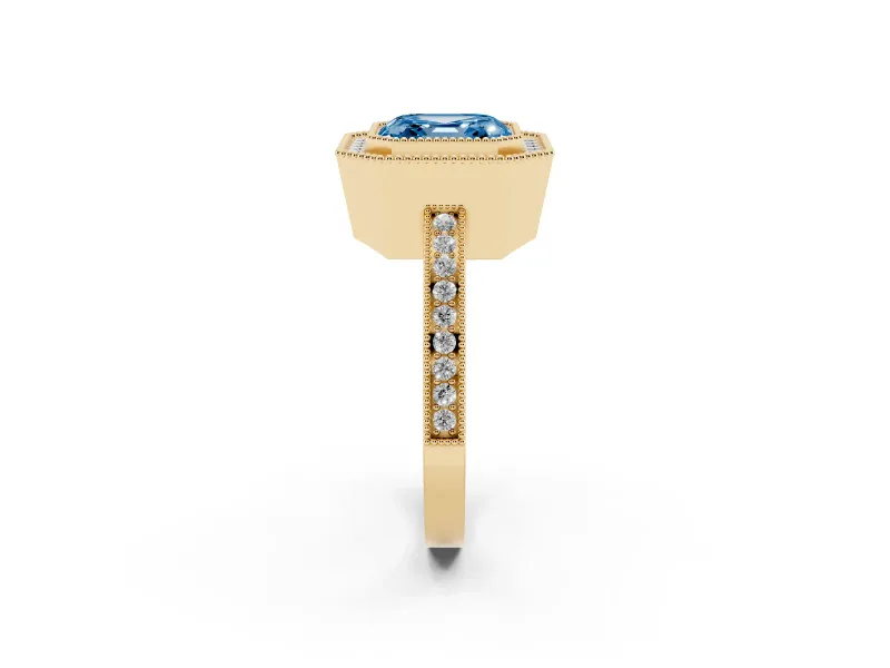 Fancy Blue Asscher Cut Diamond Halo Ring Set in Yellow gold with Pavé Band and Milgrain-Edged Prongs