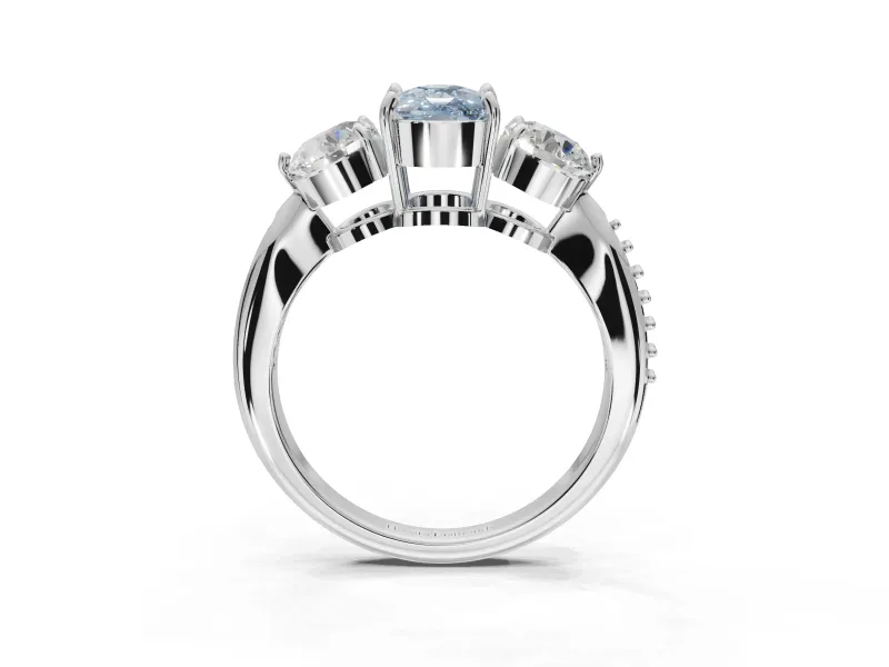 Cushion Cut Three Stone Engagement Ring Setting for a Fancy Blue Lab-Grown Diamond | Tapered Pave Band | White Gold