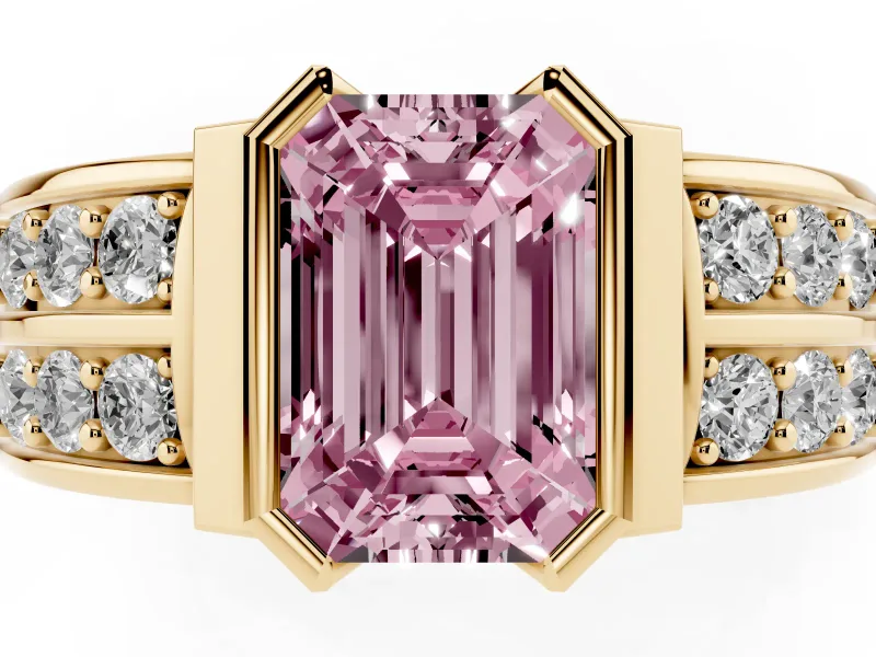 Emerald Cut Half Bezel Engagement Ring Setting for a Fancy Pink Lab-Grown Diamond | Channel Band | Yellow Gold