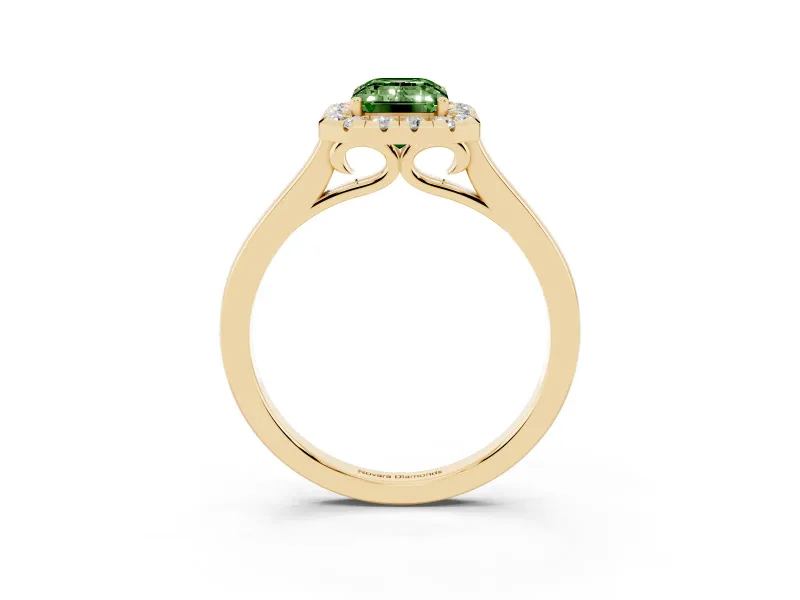Fancy Green Emerald Cut Halo Round Diamond Solitaire Ring Set in Yellow gold with Pavé Band and Prong Setting