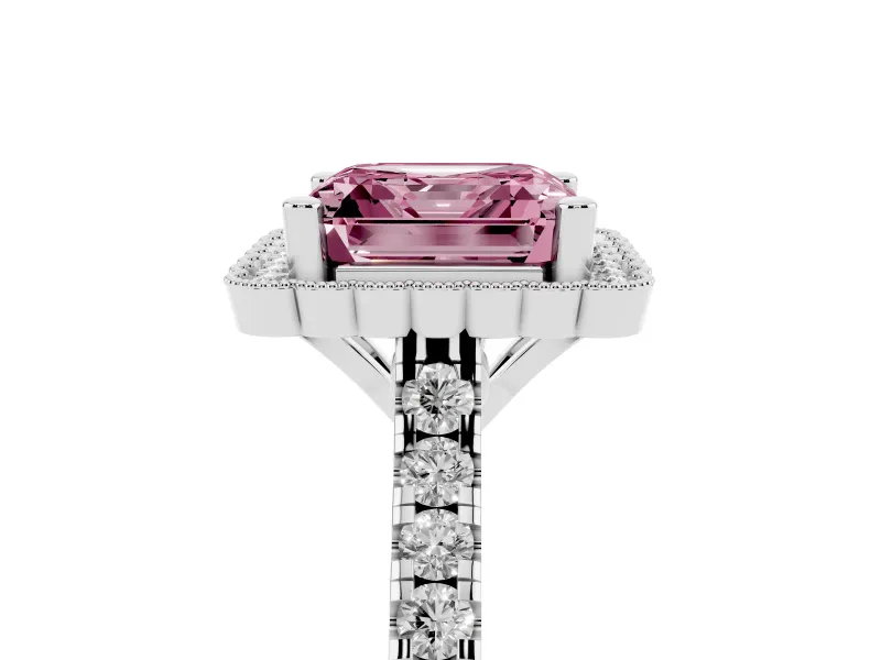 Fancy Pink Asscher Cut Diamond Milgrain Floral Halo Engagement Ring Set in White gold with Pavé Band