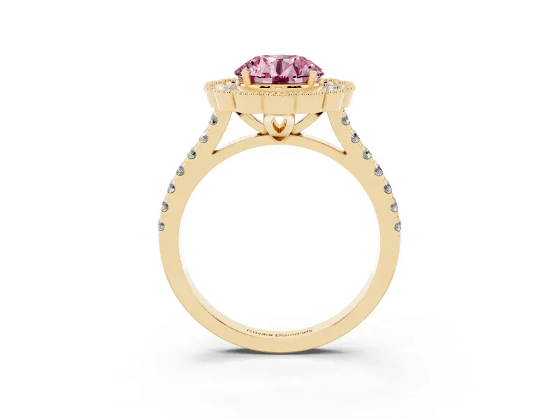 Fancy Pink Round Cut Diamond Milgrain Floral Halo Engagement Ring Set in Yellow gold with Pavé Band