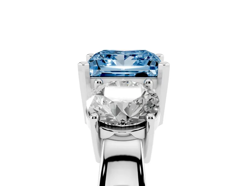 Princess Cut Three Stone Engagement Ring Setting for a Fancy Blue Lab-Grown Diamond | Wide Plain Band | Platinum
