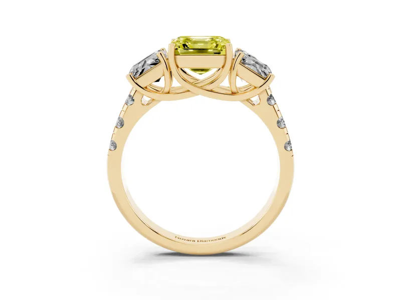 Asscher Cut Three Stone Engagement Ring Setting for a Fancy Yellow Lab-Grown Diamond | Accented Shoulders | Yellow Gold