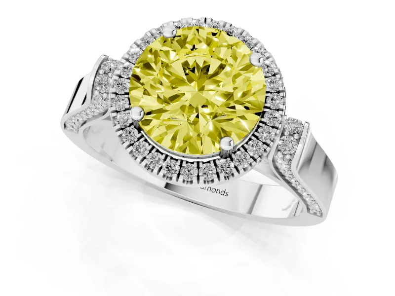 Round Pavé Halo Engagement Ring Setting for a Fancy Yellow Lab-Grown Diamond | Platinum