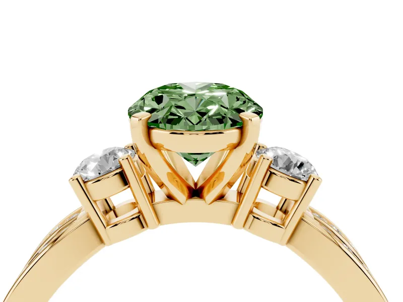 Fancy Green Three-Stone Oval Cut Diamond Twist Band Ring Set in Yellow gold with Pavé Accents and Prong Setting