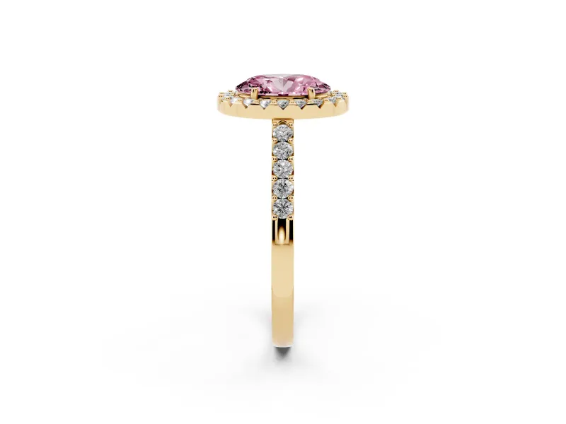 Oval Halo Engagement Ring Setting for a Fancy Pink Lab-Grown Diamond | Single Row Pavé Band | Yellow Gold
