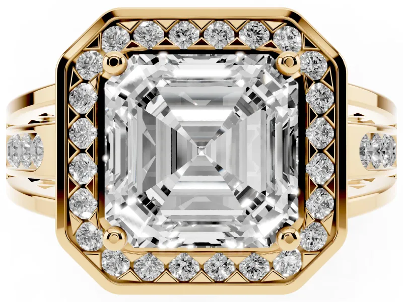 Asscher Cut Vintage Halo Engagement Ring Setting | Channel-Set Split Shank | Yellow Gold