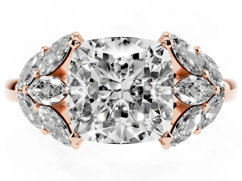 Cushion Cut Diamond Cluster Leaf Design Ring Set in Rose gold with Prong Setting