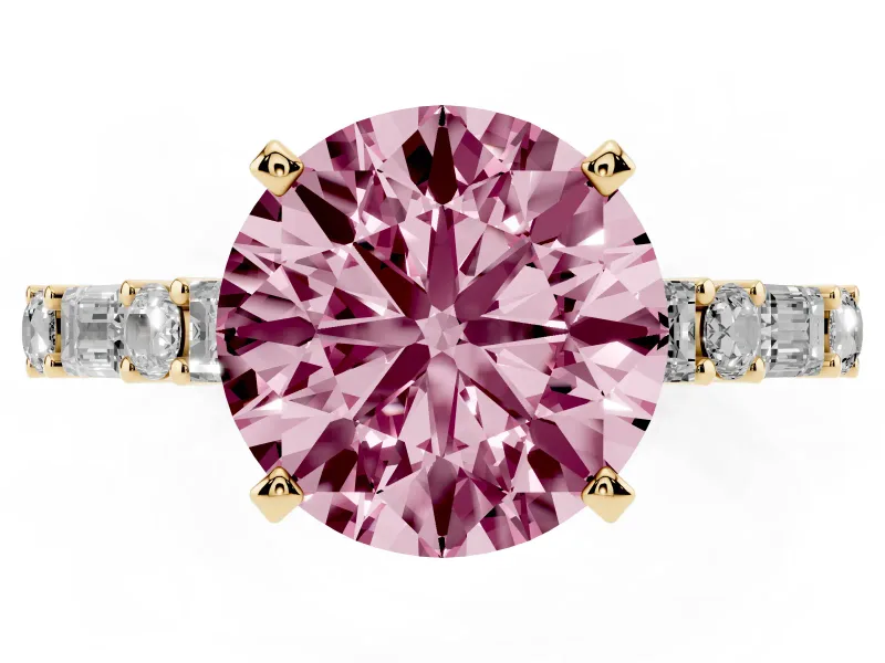 Fancy Pink Round Cut Diamond Solitaire Set in Yellow gold with Side Baguettes and Channel Set Band