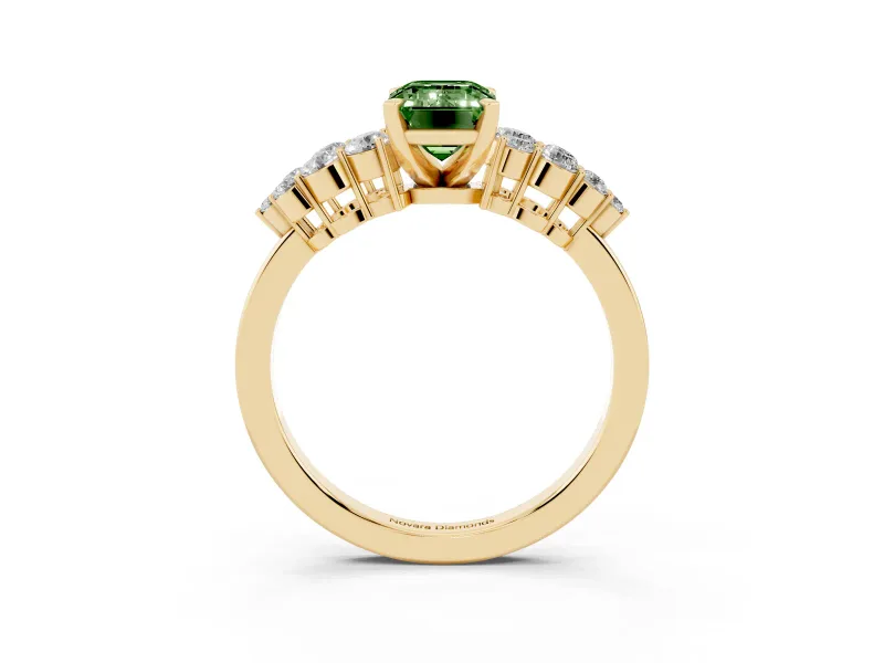 Fancy Green Emerald Cut Diamond Cluster Engagement Ring Set in Yellow gold with Pavé Band and Prong Setting
