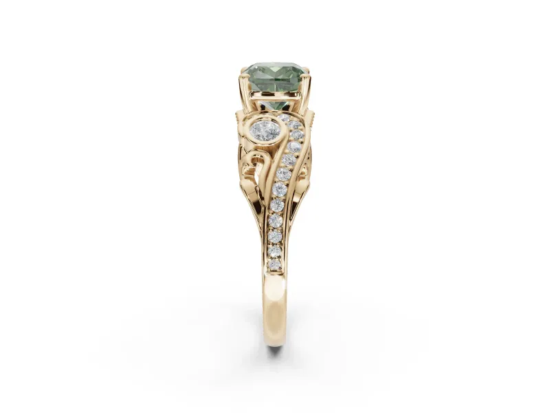 Cushion Cut Swirl Engagement Ring Setting for a Fancy Green Lab-Grown Diamond | Yellow Gold