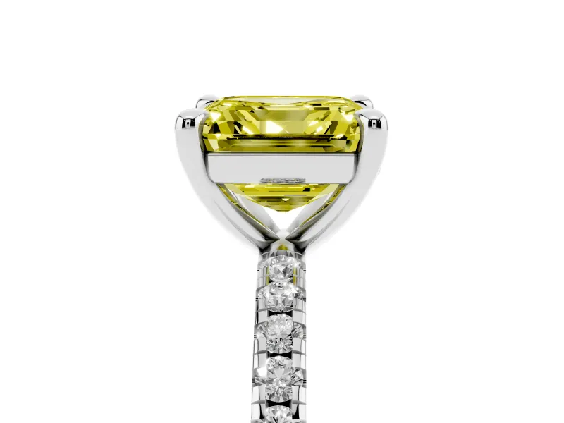 Fancy Yellow Asscher Cut Diamond Brilliant Solitaire Ring Set in Silver with Pavé Band and Prong Setting