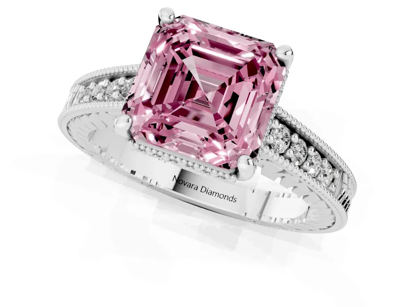 Asscher Cut Engraved Engagement Ring Setting for a Fancy Pink Lab-Grown Diamond | Platinum