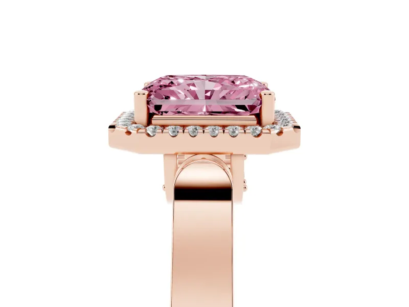 Fancy Pink Radiant Cut Diamond Halo Ring Set in Rose gold with Pavé-Lined Split Shank Band